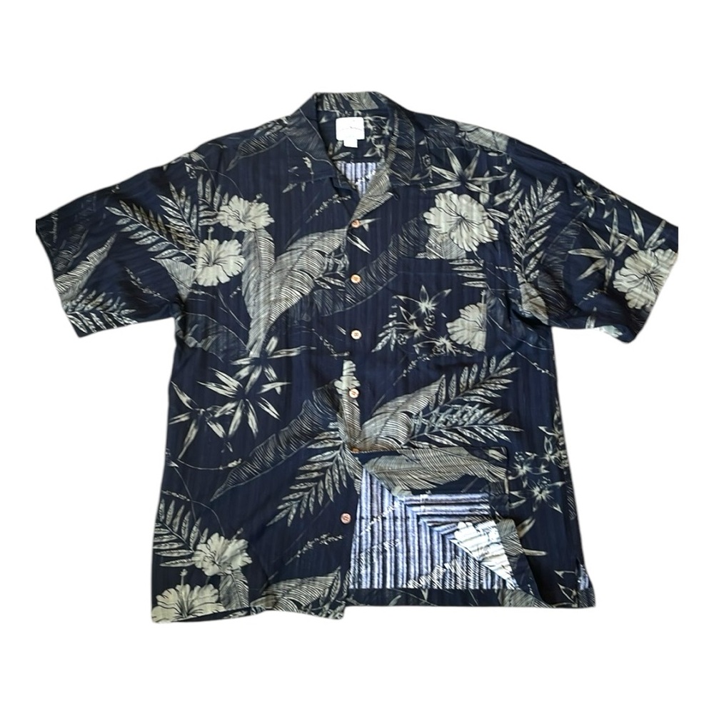 Men’s Vintage Tommy Bahama Black Silk Hawaiian Tropical Shirt, Size Large